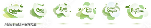 Sticker low badge. Set, green amoeba design of sticker for diet menu, poster, flyer, food packaging.