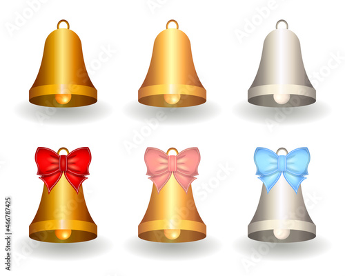 Colorful cartoon Xmas bells with and without bow. Vector illustration isolated on white background. Decorating for holidays. Vector template for design. Merry Christmas and Happy New Year.