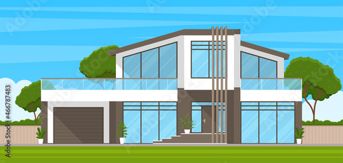 Modern cottage house exterior. A summer cottage or a beautiful two-story suburban apartment building with a veranda surrounded by beautiful nature. Country estate. Vector illustration in flat style.