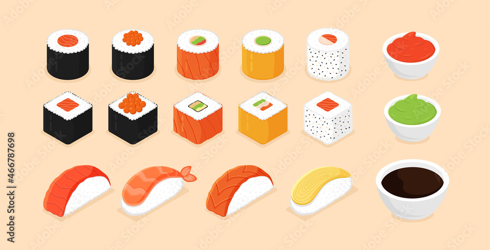 Sushi set. Isometric sushi icons on white background. Rolls with caviar of red fish, with salmon. Sushi nigiri with shrimp.Traditional japanese food. Vector illustration.