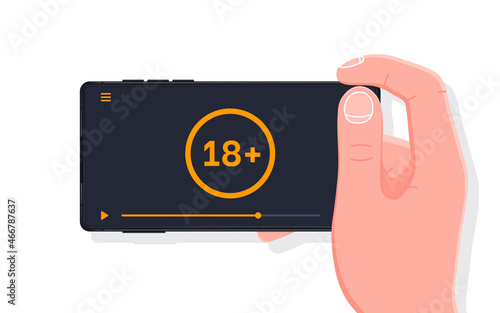Man holding a phone with video 18+. Flat design style vector illustration.