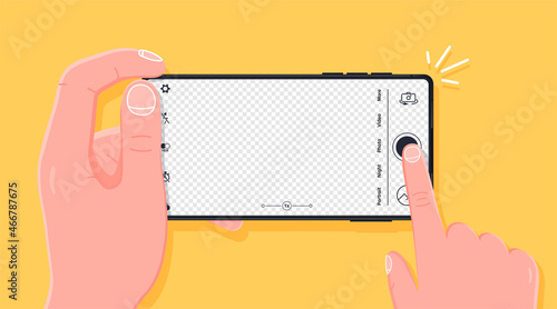 Taking photo with smartphone. Person taking a photograph with a smart phone camera from a first-person perspective. Pressing camera button, transparent background for photo. Vector illustration.
