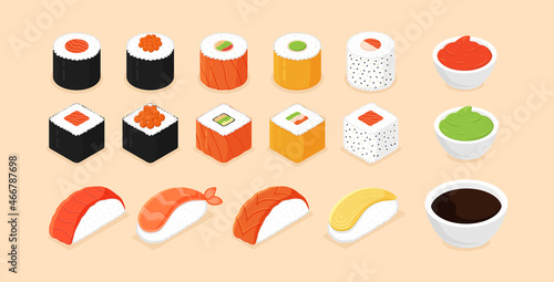 Sushi set. Isometric sushi icons on white background. Rolls with caviar of red fish, with salmon. Sushi nigiri with shrimp.Traditional japanese food. Vector illustration.