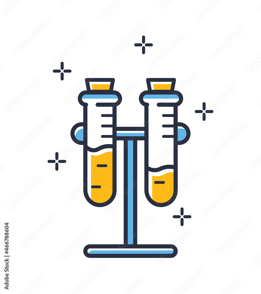 Two glass test tubes on a holder. Сhemical equipmentisolated on white background. Design elements, colored. Element for mobile concepts and web apps. Flat style vector illustration. Two glass test tubes on a holder. Сhemical equipmentisolated on white background. Design elements, colored. Element for mobile concepts and web apps. Flat style vector illustration.