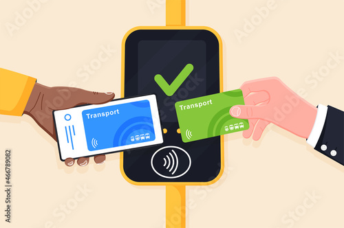 Hand holding transport card and phone near terminal. Airport, metro or bus and subway ticket terminal validator. Wireless, contactless or cashless payments, RFID NFC. Vector illustration.