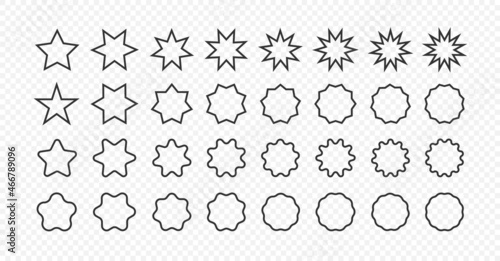 Set of star shapes. Polygonal elements. Outline geometric design symbol on transparent background.  Sign for banner and sale in vector flat