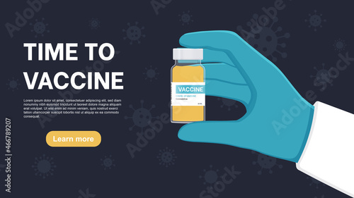 Time to vaccinate concept, doctor hands wearing rubber glove with ampule vaccine bottle for the treatment of influenza virus. Landing page template. Modern flat concept for web design.