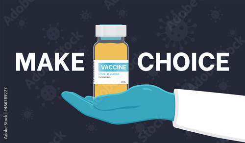 Make a vaccine choice. Time to vaccinate concept, doctor hands wearing rubber glove with ampule vaccine bottle for the treatment of influenza virus. Landing page template. Vector illustration.