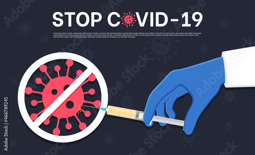 Coronavirus vaccine. Flat style banner of vaccine against crown virus. Text with coronavirus icon on dark background from world disease outbreak. Vector illustration.
