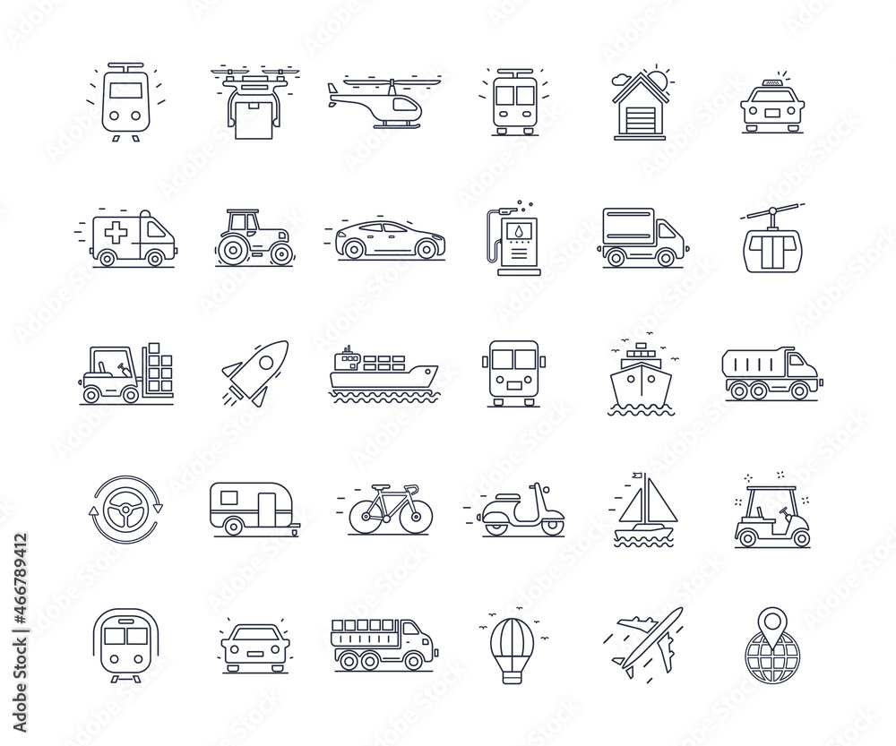 © Yevhen - Transport set icons. Black and white with lines. Isolated on white background. Can be used for mobile concepts and web applications, brochures, social networks. Flat style vector illustration. © Yevhen - Transport set icons. Black and white with lines. Isolated on white background. Can be used for mobile concepts and web applications, brochures, social networks. Flat style vector illustration.