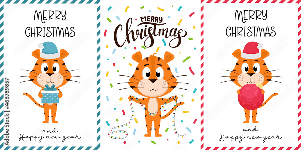 A set of New Year's Christmas cards with a cute cartoon tiger. Vertical cards with the character Tiger - the symbol of the Chinese new year. Vector illustration on a white background.