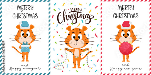 A set of New Year's Christmas cards with a cute cartoon tiger. Vertical cards with the character Tiger - the symbol of the Chinese new year. Vector illustration on a white background.