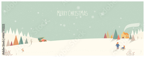 Vector illustration of a Christmas winter landscape Banner.Green and earth tone color of winter countryside landscape with  truck ,pine tree and snow with kid.Happy holidays concept.