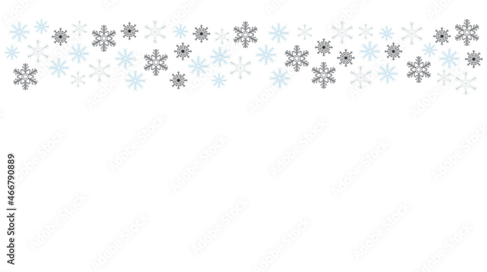 Horizontal Christmas or holiday border with black, grey and blue snowflakes along white background. Copy space. Wallpaper or backdrop design. Horizontal Christmas or holiday border with black, grey and blue snowflakes along white background. Copy space. Wallpaper or backdrop design.