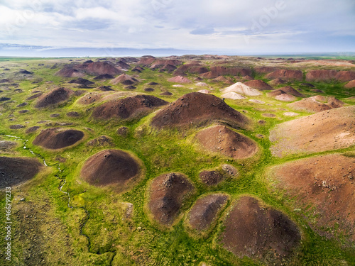 Aerial view of Vatnsdalsholar, the area of uncountable hills as a result of a massive landslide long ago, north Iceland.