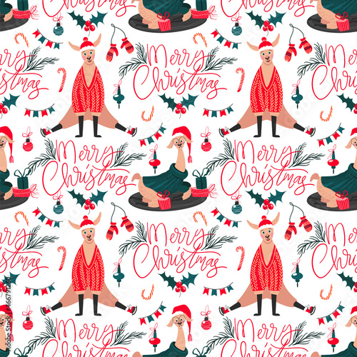 Merry Christmas cute llamas seamless pattern on white background