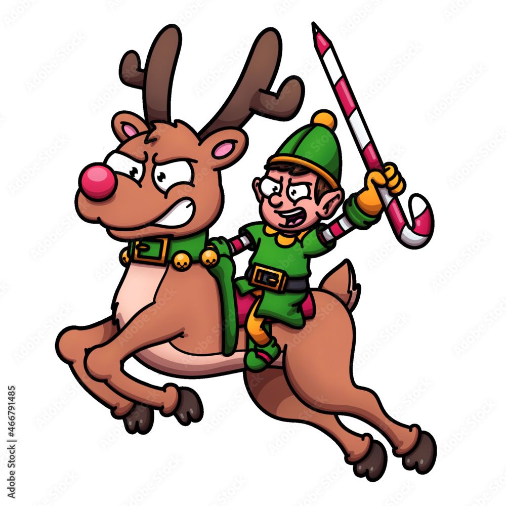 Cartoon Christmas Elf Riding A Flying Reindeer 