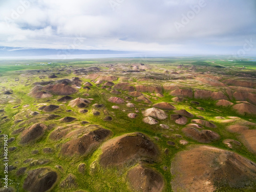 Aerial view of Vatnsdalsholar, the area of uncountable hills as a result of a massive landslide long ago, north Iceland.