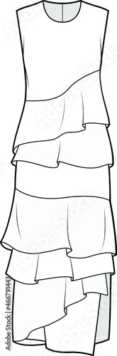 women tunic dress sleeveless round neck full length tiered ruffle tunic maxi dress flat sketch vector illustration photo