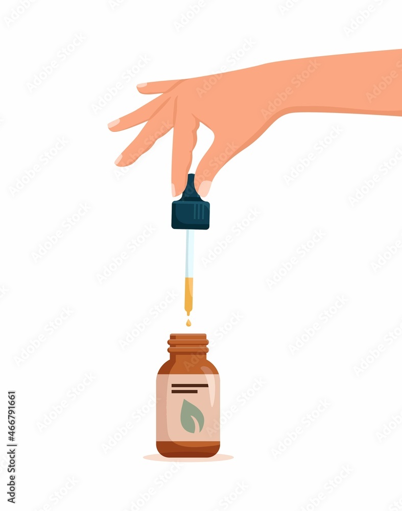 Female Hand Holding Pipette with essential oil and Dropping Oil in Dropper Bottle, Isolated on White Background. Vector Illustration Female Hand Holding Pipette with essential oil and Dropping Oil in Dropper Bottle, Isolated on White Background. Vector Illustration