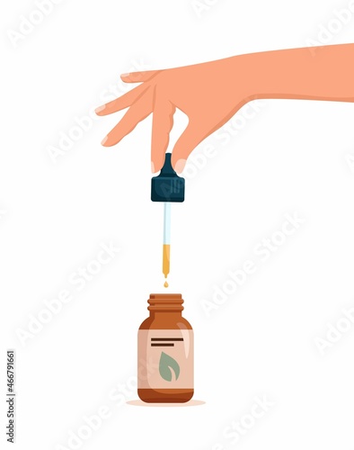 Female Hand Holding Pipette with essential oil and Dropping Oil in Dropper Bottle, Isolated on White Background. Vector Illustration
