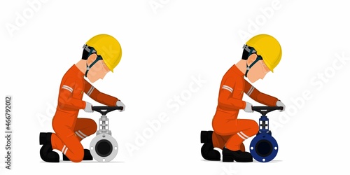 Set of worker is operating valve on white background