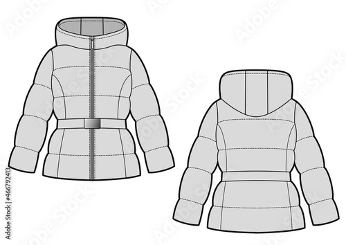 Womans belted elegant hooded down jacket.
