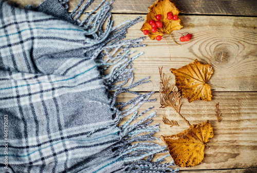 A soft plaid scarf with fringe lies on a light wooden background, autumn leaves are scattered nearby. Soft grey fabric.