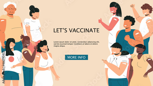 After vaccination concept vector. Coronavirus vaccine company. Injection in shoulder was successfully. Multi races of women and men after getting vaccine.