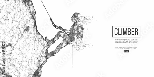 Abstract wireframe silhouette of a young man climbing on a rock wall on the white background. Vector illustration