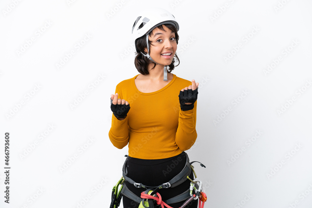 Young woman rock-climber woman isolated on white background making money gesture Young woman rock-climber woman isolated on white background making money gesture