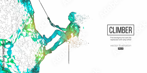 Abstract wireframe silhouette of a young man climbing on a rock wall on the white background. Vector illustration