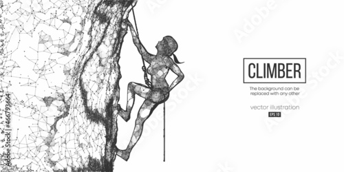 Abstract wireframe silhouette of a young woman climbing on a rock wall on the white background. Vector illustration