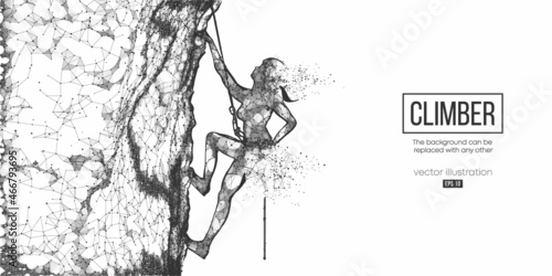 Abstract wireframe silhouette of a young woman climbing on a rock wall on the white background. Vector illustration