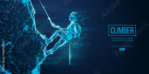Abstract wireframe silhouette of a young man climbing on a rock wall on the blue background. Vector illustration