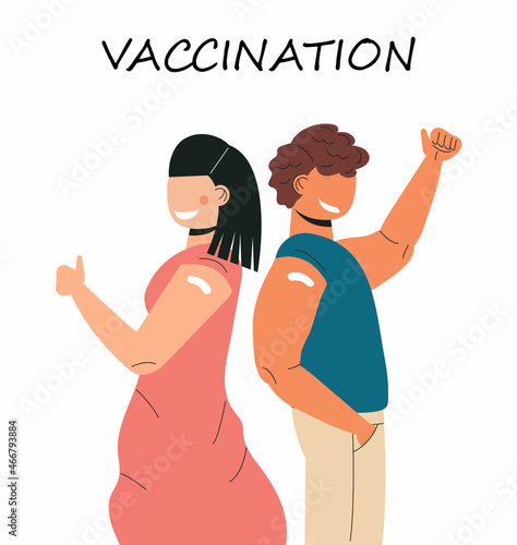 After vaccination concept vector. Coronavirus vaccine company. Injection in shoulder was successfully. Multi races of women and men after getting vaccine.