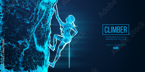 Abstract wireframe silhouette of a young woman climbing on a rock wall on the blue background. Vector illustration