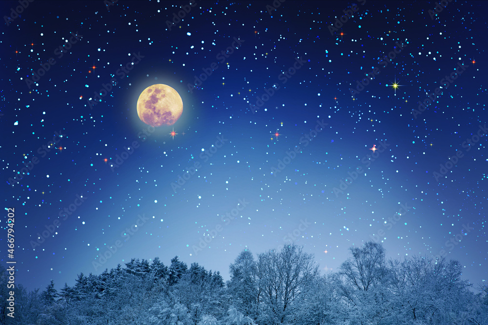 Christmas background with stars and big moon in winter forest.