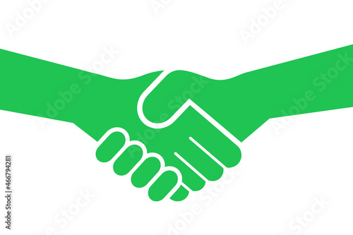 Green deal - green hands are doing handshake. Metaphor of agreement, contract and treaty on ecology and envirommental issue. Vector illustration isolated on white.