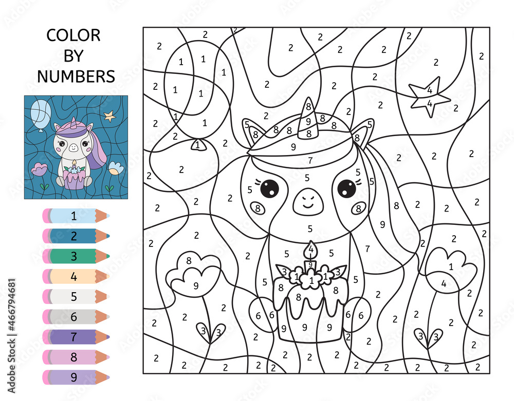 Educational color by numbers game. Cute unicorn with birthday cake, gift box, flowers and balloon. Cartoon kawaii character. Learn numbers and colors. Printable worksheet for preschoolers.