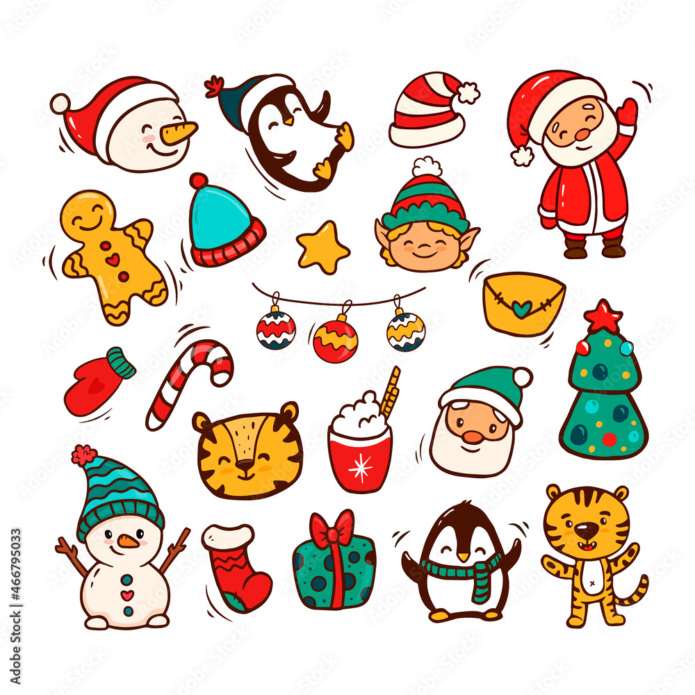 Set of Christmas design elements in doodle style. New Year collection of cute animals and seasonal elements. Vector illustration