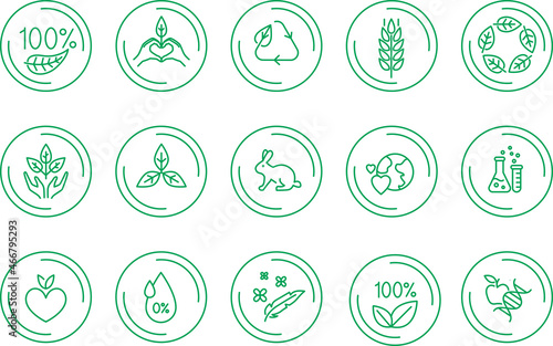Icon set organic products, natural goods. Ecological products, quality mark, vegetarian, ecology, organic food.