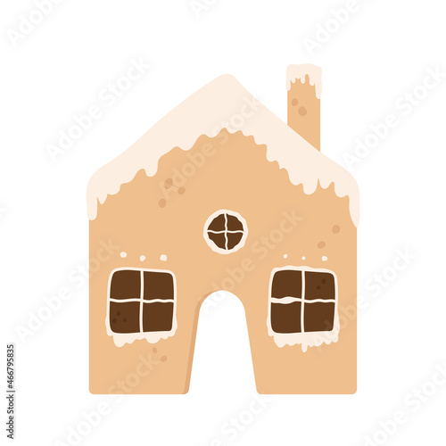 Gingerbread house. Delicious, house-shaped Christmas pastries decorated with icing. Sweet winter food. Vector illustration in cartoon style. Isolated on white background.