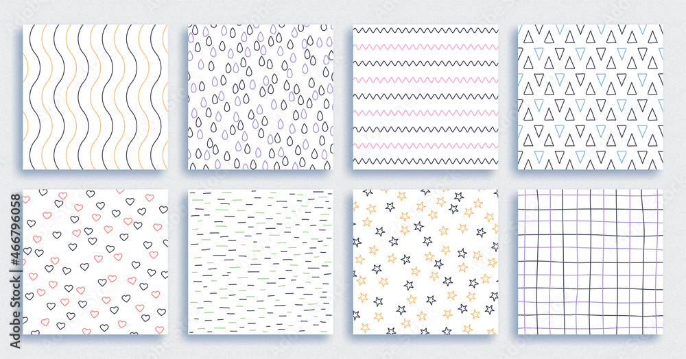 Abstract hand drawn geometric simple minimalist seamless patterns set. Striped chevron and dot ornaments. Vector wallpaper or fabric print from brush strokes. Abstract hand drawn geometric simple minimalist seamless patterns set. Striped chevron and dot ornaments. Vector wallpaper or fabric print from brush strokes.