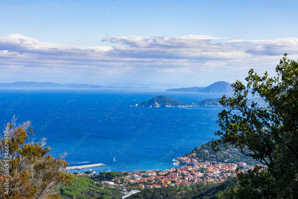 View over the houses and hills of Marciana Marina on the coast of the island of Elba