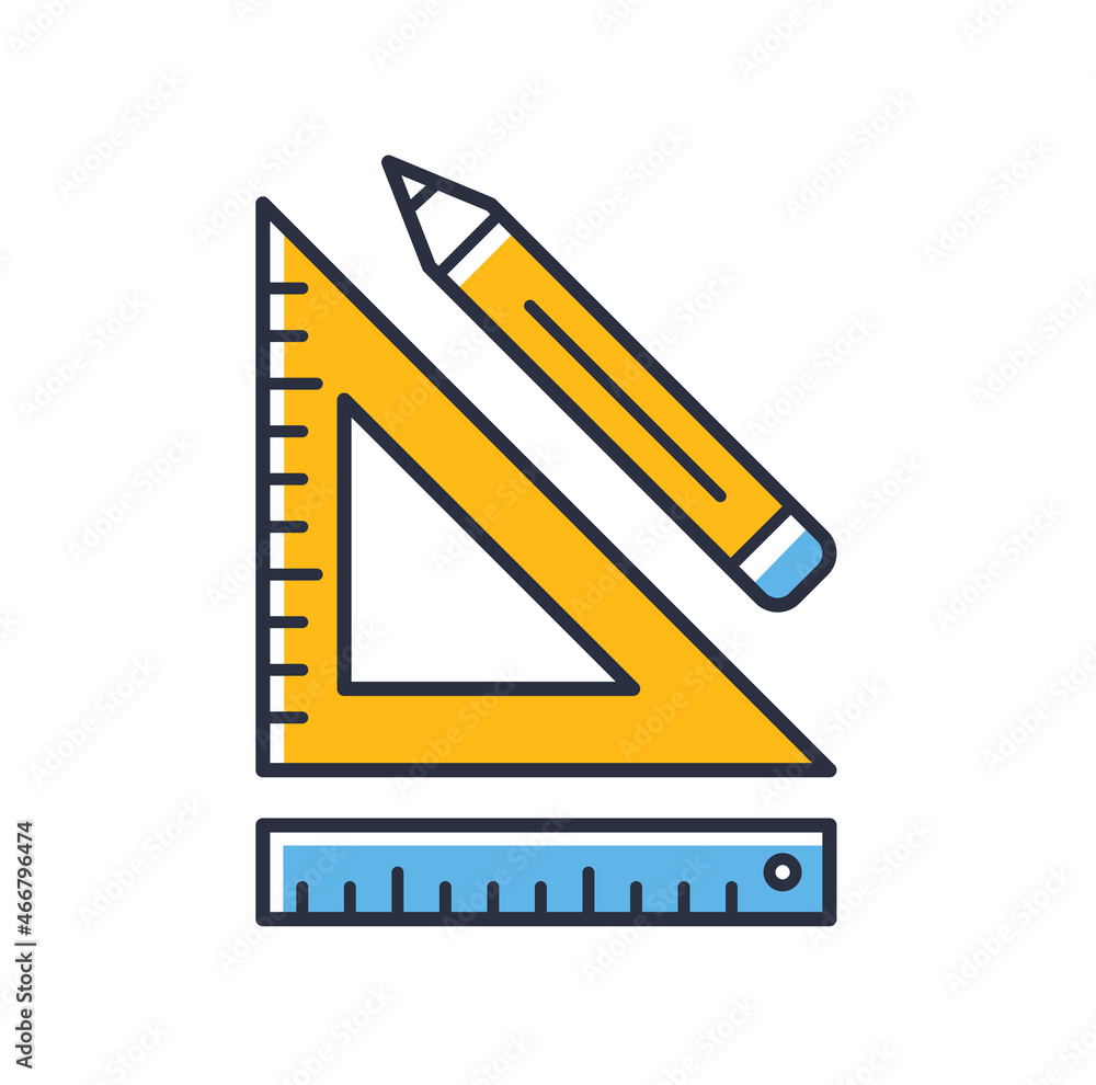 Ruler and pencil icon. Drawing tools isolated on white background. Design elements color. Can be used for mobile concepts and web applications, social networks. Flat style vector illustration. Ruler and pencil icon. Drawing tools isolated on white background. Design elements color. Can be used for mobile concepts and web applications, social networks. Flat style vector illustration.