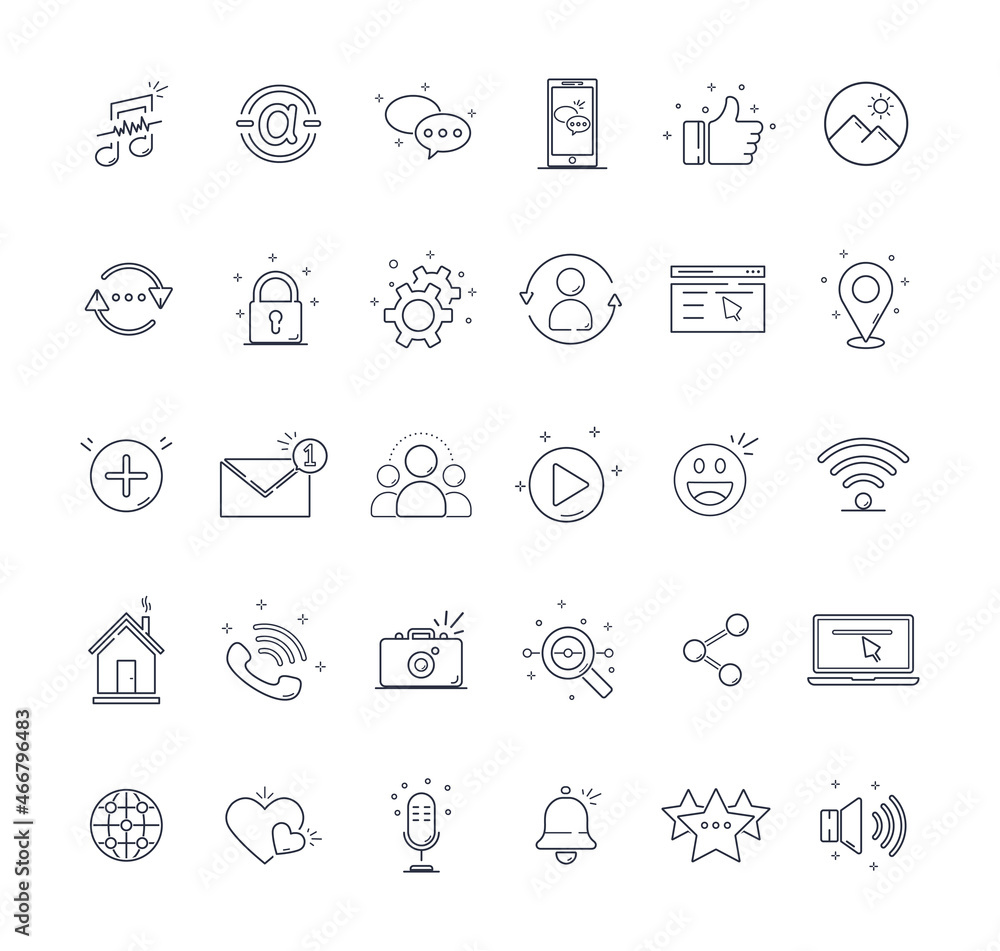 Social media set icons. Black and white with lines. Isolated on white background. Can be used for mobile concepts and web applications, brochures, social networks. Flat style vector illustration. Social media set icons. Black and white with lines. Isolated on white background. Can be used for mobile concepts and web applications, brochures, social networks. Flat style vector illustration.