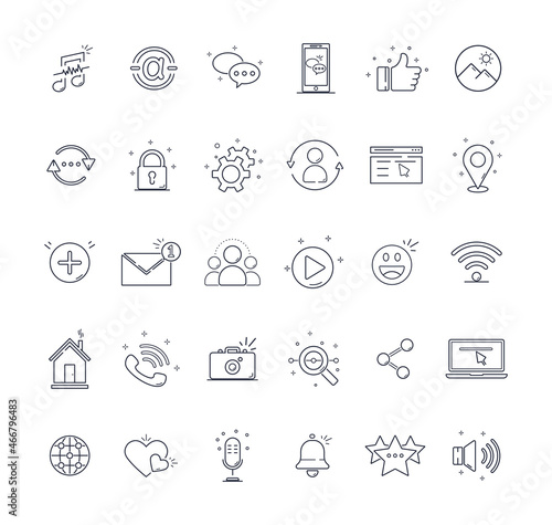 Fototapeta Naklejka Na Ścianę i Meble -  Social media set icons. Black and white with lines. Isolated on white background. Can be used for mobile concepts and web applications, brochures, social networks. Flat style vector illustration.