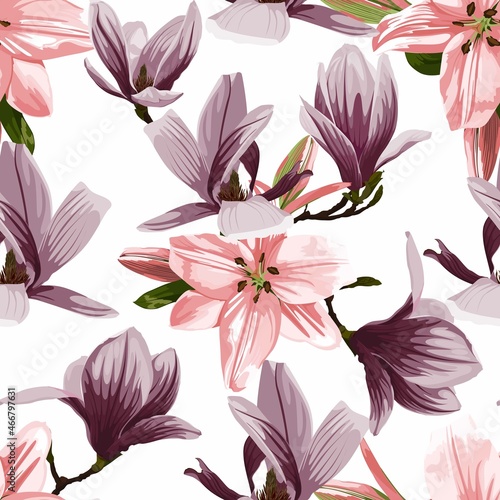 Fototapeta Naklejka Na Ścianę i Meble -  Seamless floral pattern with pink tropical magnolia and lily flowers with leaves on white background. Template design for textiles, interior, clothes, wallpaper. Botanical art. Engraving style.