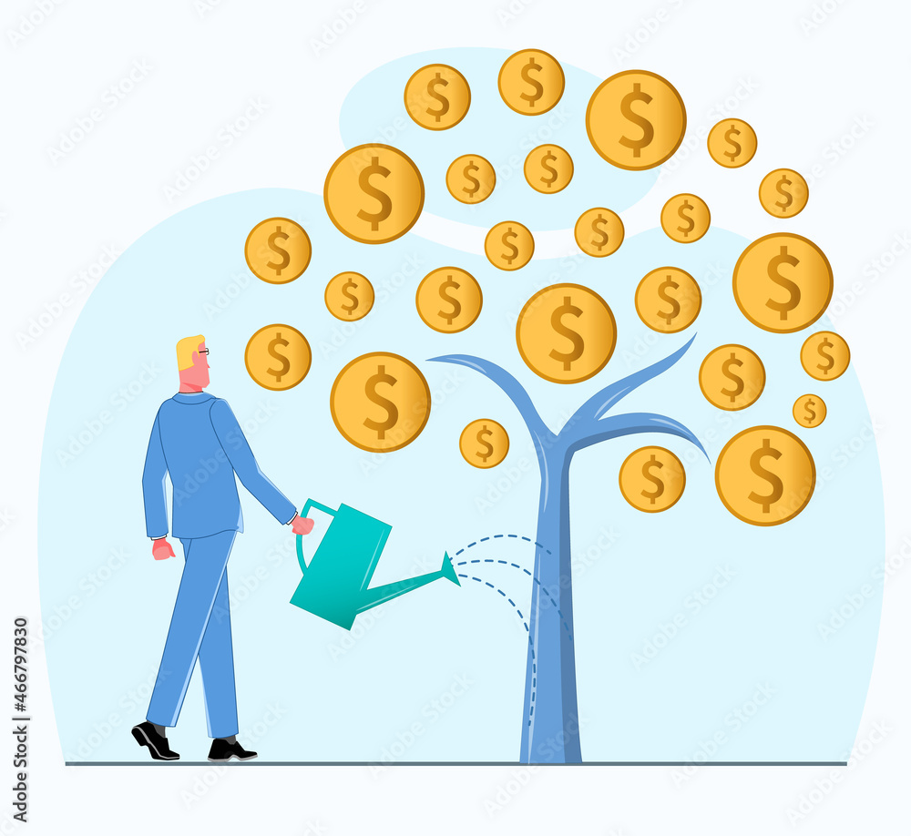 A business man holds a watering can and waters a tree with coins, which symbolizes business growth flat vector illustration A business man holds a watering can and waters a tree with coins, which symbolizes business growth flat vector illustration